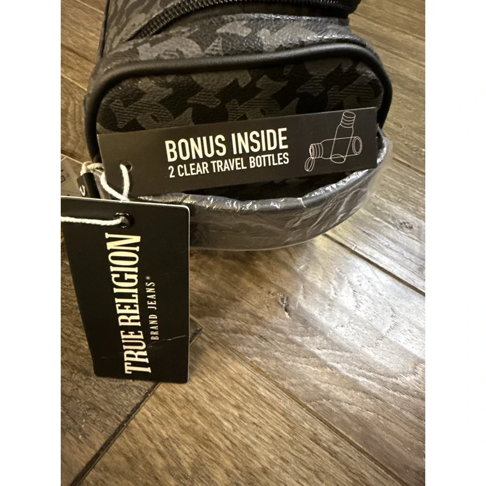 True Religion Coda Horseshoe Logo Toiletry Bag In Black And Gray Faux Leather‎